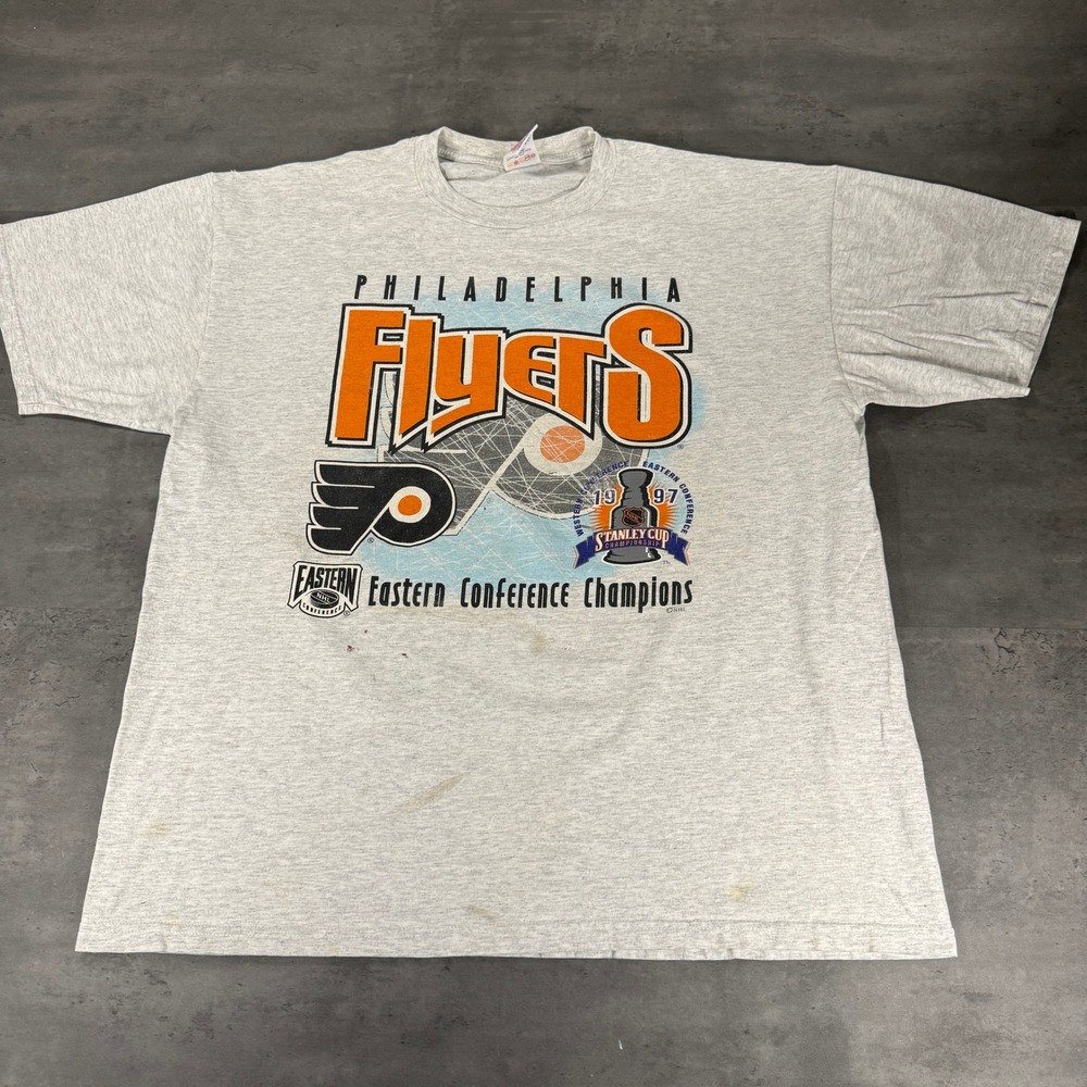 Vintage Philadelphia Flyers T-Shirt XL Gray NHL Hockey 1997 Stanley Cup Jerzees